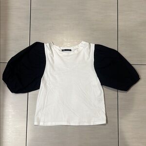 Zara White Top with Black Puff Sleeves